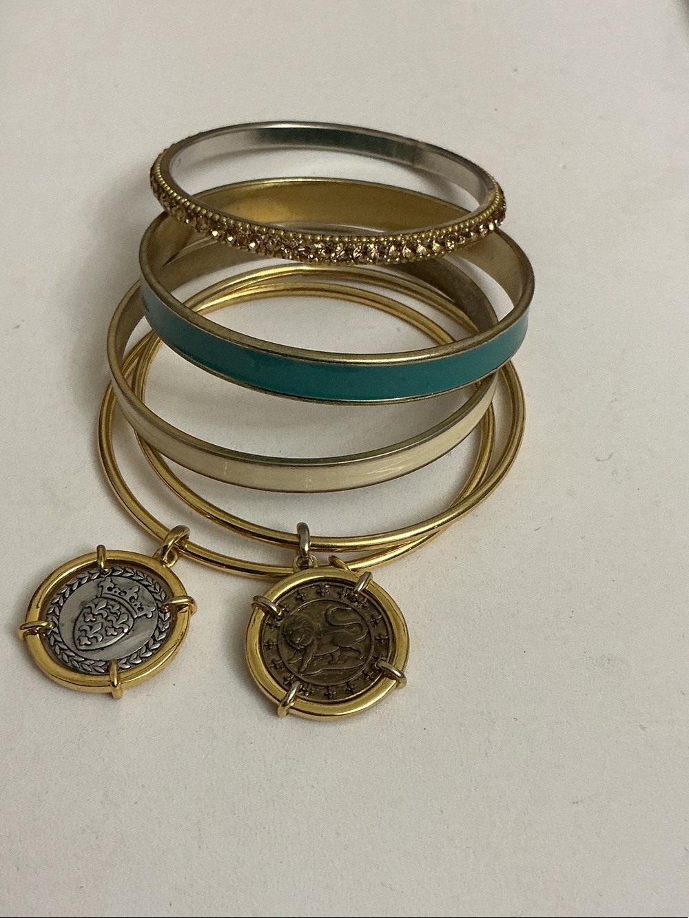 Gold-Tone Stacked Bangle Bracelet Set with Green Enamel and Coin Charms